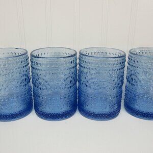 Pioneer Woman Channing Embossed Glass Short Tumblers Blue 4pcs 11oz New